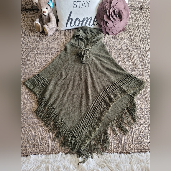 G Sweaters - G - Knit Poncho - Olive Green - One Size